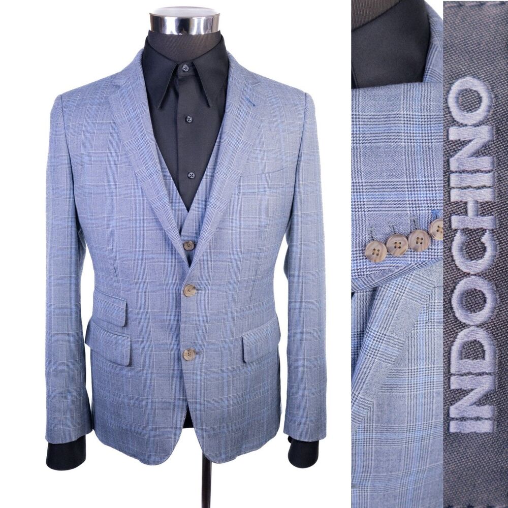 Indochino 2-Piece Jacket & Vest Plaid Blue Wool Slim Fit US 38–40S